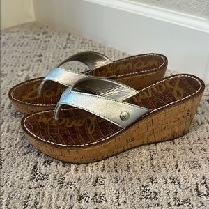 Sam Edelman Silver and Brown Cork Wedge Sandals